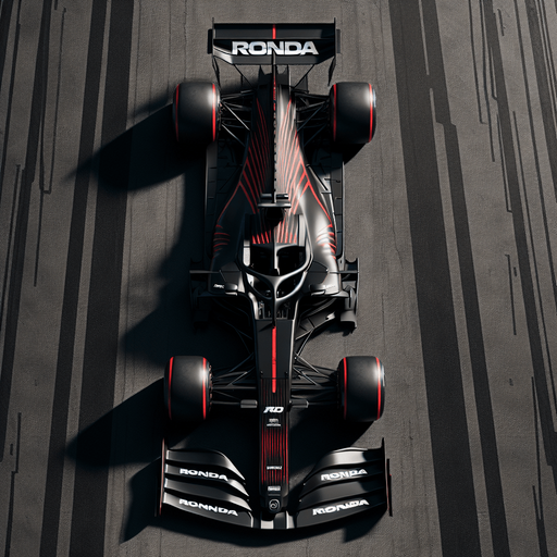 Black McLaren MP4-29 F1 RACE CAR with red lines and white,,RONDA"text. TOP VIEW..
Single Game Texture. In-Game asset. 2d. Blank background. High contrast. No shadows.
