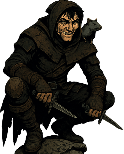 "A cunning rogue cloaked in patchwork leathers and city grime, perched on a broken statue. Male, 26 years old, wiry and agile, with messy black hair, sly green eyes, a scar over his nose, and olive-toned skin. A rat sits on his shoulder. Dual daggers at his side, a grin revealing a gold tooth. The background is a shadowy alley lit by torchlight. Realistic, highly detailed, dark urban medieval style. realistic.
In-Game asset.  2d.  High contrast.  No shadows