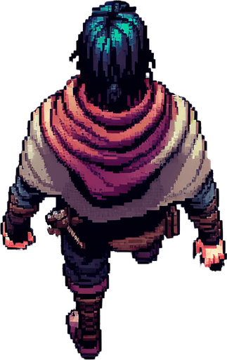 Directly overhead, plumb view of a beggar heading top (we see his back)..
Zenith view, directly overhead, plumb view. NOT PERSPECTIVE! Fantasy theme. Pixel art