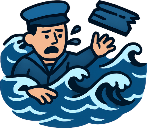 2D game asset, vector style, high contrast, flat colors, no shadows, single drowning male naval crew member wearing a blue naval uniform and a 2D blue naval hat, struggling in rough ocean waves, broken ship debris nearby, transparent background, PNG format, aimed for top-down 2D game..
In-Game asset.  2d.  High contrast.  No shadows