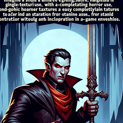 A drakula kept an sword.
Single Game Texture. In-Game asset. 2d. Blank background. High contrast. No shadows.