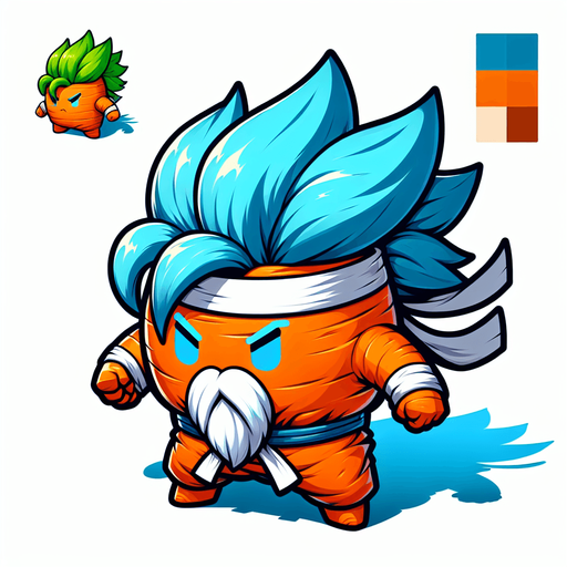 Design a 2D flat vector illustration of a short, carrot-shaped kung-fu master. The compact orange carrot body tapers neatly but is more compressed, emphasizing its chubby and endearing proportions. It features spiky blue Saiyan-style hair on top, radiating energy, and a long flowing white beard that signifies wisdom. A martial arts belt is tied around its middle, and a snug bandana completes its disciplined look. With sharp, focused eyes and a determined expression, it stands on two small, rounded feet, blending cuteness with a commanding presence..
Single Game Texture. In-Game asset. 2d. Blank background. High contrast. No shadows.