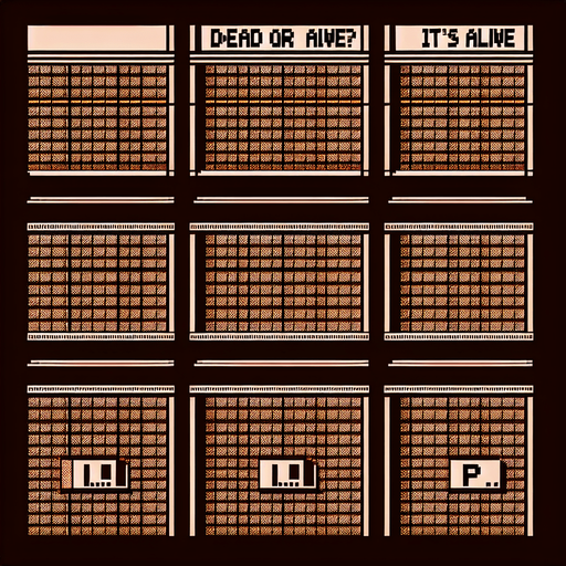 8 bit. cartoon. brown background. message that reads:
DEAD OR ALIVE?
IT'S ALIVE!
R.I.P..
Single Game Texture. In-Game asset. 2d. Blank background. High contrast. No shadows.