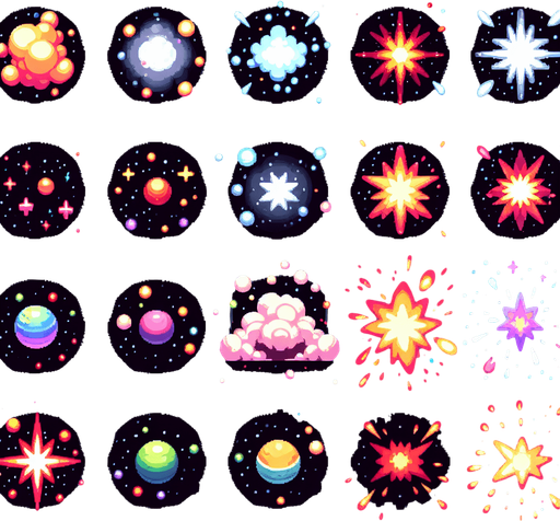 Varias explosiones espaciales pack.
Single Game Texture. In-Game asset. 2d. Blank background. High contrast. No shadows.