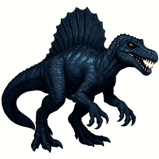 A large, realistic Spinosaurus dinosaur with dark navy-blue scaly skin, accented by lighter blue streaks along its sail and limbs. It has a long crocodile-like snout filled with sharp teeth and piercing yellow eyes. The sail on its back is tall and jagged, matching the dark tones of the body. Its tail is wide, flattened, and paddle-like—similar to a newt or salamander’s tail—designed for swimming. The muscular arms have large claws, and the overall posture is slightly hunched as if it’s ready to dive into the water. The skin texture shows rough scales, subtle wrinkles, and scars for a realistic semi-aquatic look..
In-Game asset.  2d.  High contrast.  No shadows