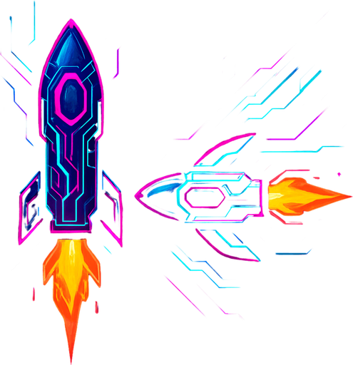 Pack of cyber rocket shot assets. small fire on the back. mixed cyberpunk + abstract lines. Vertical rocket going up. Horizontal rocket going right. No diagonal rocket. HD colors
In-Game asset.  2d.  High contrast.  No shadows.