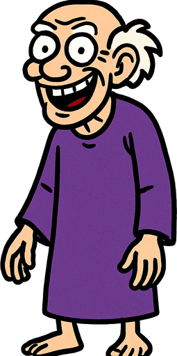yaşlı, üzerinde mor bir cübbe olan, ve mal mal sırıtan bir adam. vücudu tamamen görünür.
In-Game asset.  2d.  High contrast.  No shadows