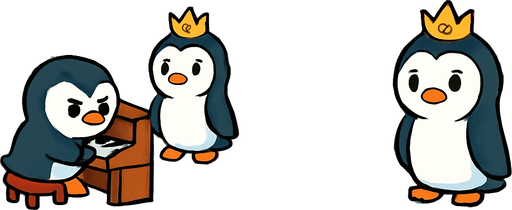 4-panel comic strip, no text, cute cartoon style, bright colors, black outlines.
Characters: Penguin Hero (small, determined) + Penguin Princess (elegant, crown) + Village Penguins
Central Theme: Music connects hearts, piano mastery wins love. Story: Hero's biggest challenge - public performance disaster

Panel 1: Hero attempts to play for Princess at village gathering
Panel 2: Makes terrible mistakes, wrong red notes everywhere, crowd looks shocked
Panel 3: Princess looks disappointed, Hero devastated and embarrassed
Panel 4: Hero runs away, hiding behind ice block, feeling defeated
In-Game asset.  2d.  High contrast.  No shadows