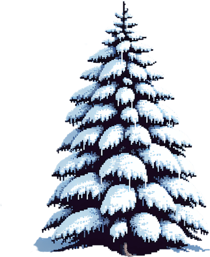 pixel art of a spruce tree covered in snow. Single Game Texture. In-Game asset. 2d. Blank background. High contrast. No shadows.