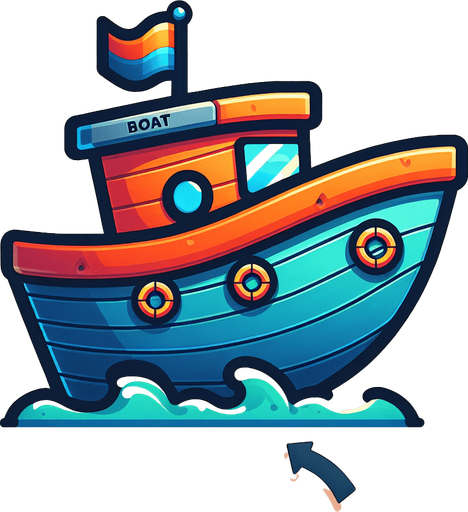 a colorful, cartoon style boat with an orange and blue color scheme. the boat has a small flag on top, round windows and a curved hull , with the BOAT text on it with bold letters. the design is vibrant, playful and optimized for a mobile game.
Single Game Texture.  In-Game asset.  2d.  Blank background.  High contrast.  No shadows