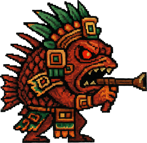 Genérame una Pez leon guerrero azteca con eso patrones, estilo pixelar, con una apariencia maligna, ojos rojos, rabioso. Unidad a distancia, con cerbatana. Animal.
In-Game asset.  2d.  High contrast.  No shadows