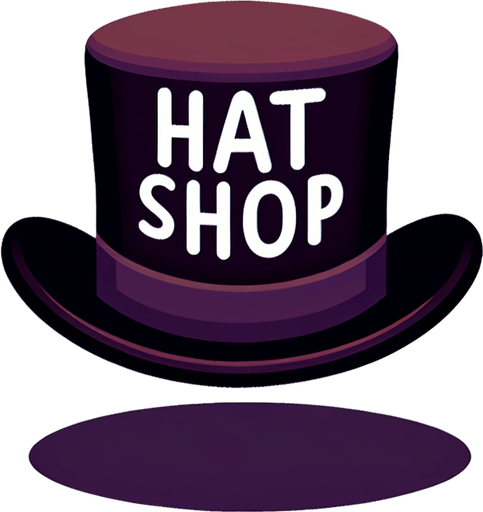 A SVG that says “Hat Shop” on top of a top hat.
Single Game Texture.  In-Game asset.  2d.  Blank background.  High contrast.  No shadows