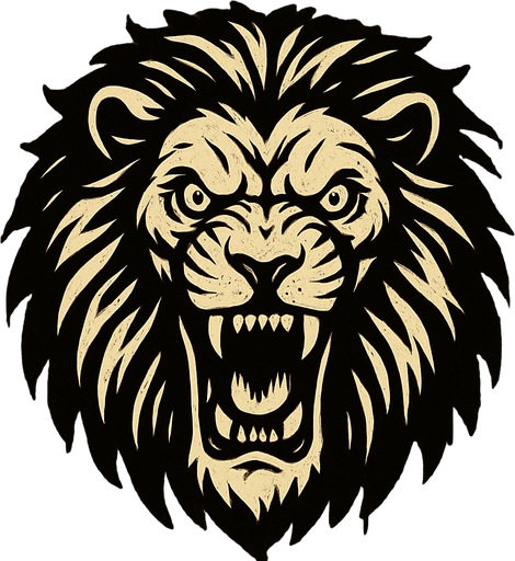 A scary lion image with wooden background.
In-Game asset.  2d.  High contrast.  No shadows