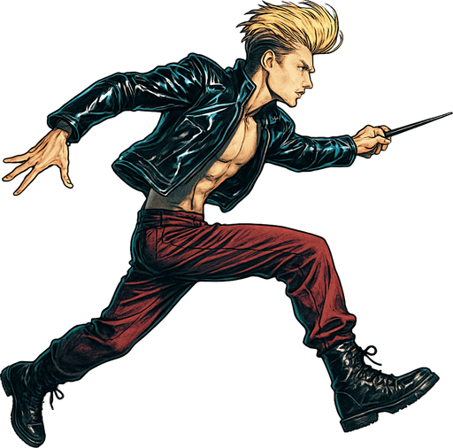 Swishy graceful man Cyberpunk manga, wand pointed straight ahead, arm extended, jump attack, side profile view attack animation, shiny black leather biker jacket longsleeves shirtless Skinny abs blonde pompadour guy, action shot wine red joggers combat boots, Background removed, "Full-body character, entirely in frame, no cropping of face, head, or feet" "Complete character visible, from head to toe, fully centered in the image" "Entire character, including face and boots, fully within the frame" Character fully contained within a square frame, no edges cut off fashion model running pose