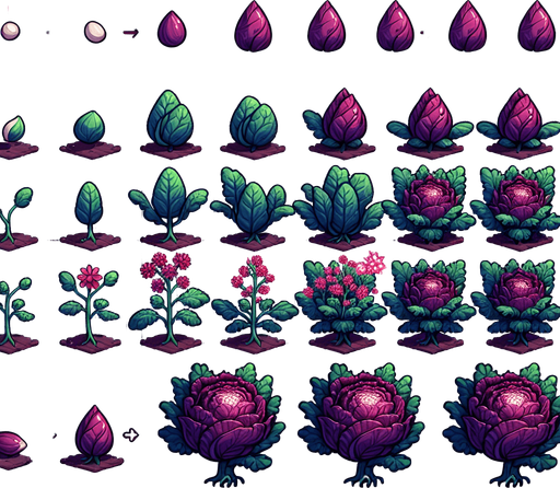 A spritesheet showing a pointed red cabbage plant in various stages of germantion and groth, from seed over sapling, to bloom and to full grown plant, and then the ripe cabbage. The sprites should be laid out in a rectangular grid with blank space between them.. Single Game Texture. In-Game asset. 2d. Blank background. High contrast. No shadows..
Single Game Texture. In-Game asset. 2d. Blank background. High contrast. No shadows.