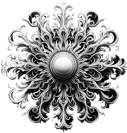 plain white intricate sun icon. black background