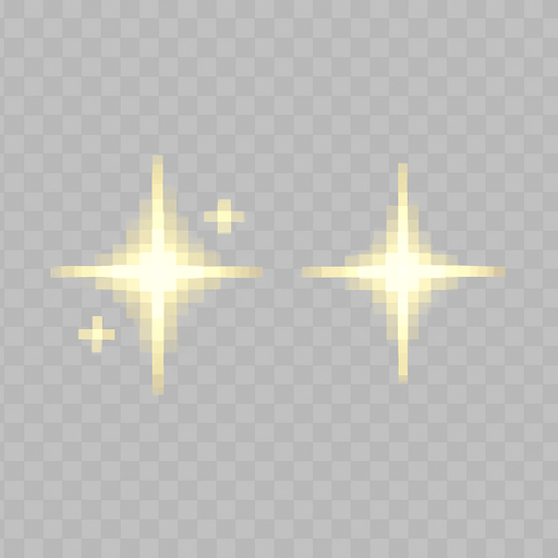 High-quality 2D pixel art of two small sparkle effects side by side with a small gap between them. Each sparkle is star-shaped or cross-shaped, emitting a soft glow in white or pale yellow tones. The sparkles are symmetrical and minimal, designed for UI highlights, magical effects, or item glimmers. The pixel art style is clean and detailed, in 16-bit fantasy aesthetic. Transparent background.".
In-Game asset.  2d.  High contrast.  No shadows