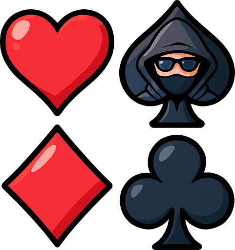 Add an icon of a cartoon spy with a hood and a mask on in the center of the spade from this picture.