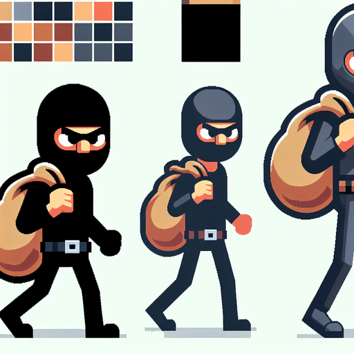 A thief with a mask and steal bag.
Single Game Texture. In-Game asset. 2d. Blank background. High contrast. No shadows.