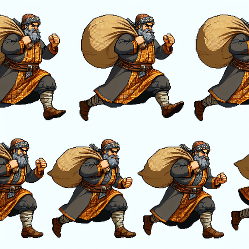 Sprite sheet d'un nain qui court avec un grand sac pour attraper quelque chose