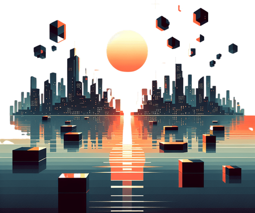 🔹 Floating low-poly islands or platforms in a futuristic city.
🔹 Horizon with a sun reflecting off water for a peaceful but futuristic look.
🔹 Colors: Sunset orange, deep blue, and glowing city lights..
Single Game Texture.  In-Game asset.  2d.  Blank background.  High contrast.  No shadows