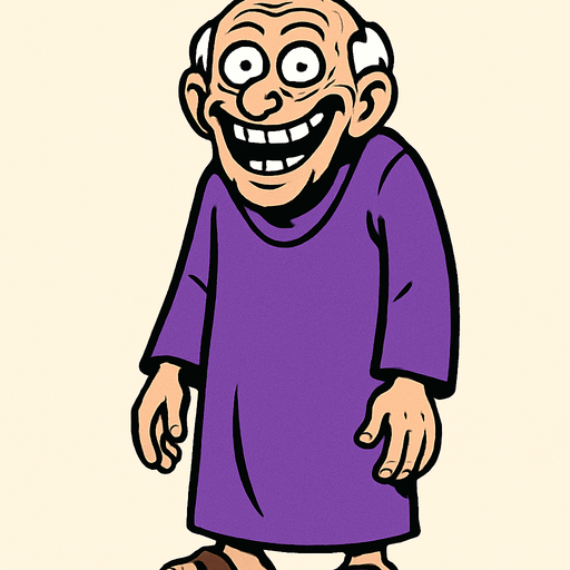 yaşlı, üzerinde mor bir cübbe olan, ve mal mal sırıtan bir adam. vücudu tamamen görünür.
In-Game asset.  2d.  High contrast.  No shadows