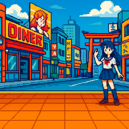 streetfighter style hd pixel background image anime themed.
In-Game asset.  2d.  High contrast.  No shadows