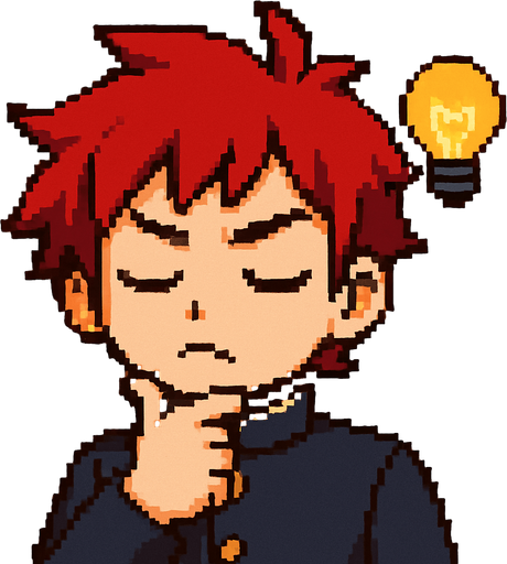 A kawaii anime boy with red eyes and a serious expression stands with his eyes closed, resting a hand under his chin in a thoughtful pose. He’s wearing a traditional Japanese school uniform called a gakuran. Suddenly, a lightbulb appears above his head—the classic symbol of a brilliant idea. He opens his eyes with determination, a confident smile forming on his face. It's Pixel Art.