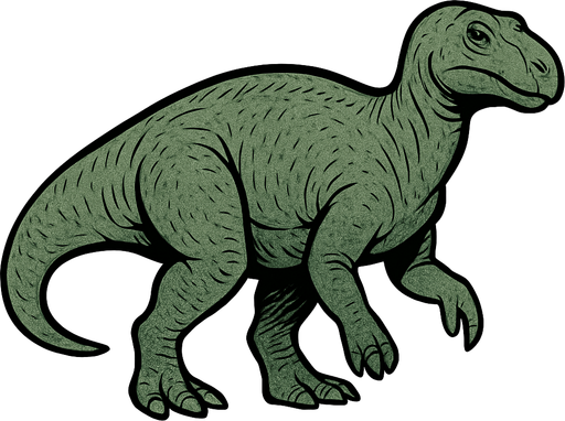 A medium-sized Iguanodon dinosaur with smooth greenish-gray scales covering its bulky body. It has a distinctive thumb spike on its front limbs. The head is elongated with gentle eyes and a blunt snout. The skin texture is rough with visible scales and wrinkles..
In-Game asset.  2d.  High contrast.  No shadows