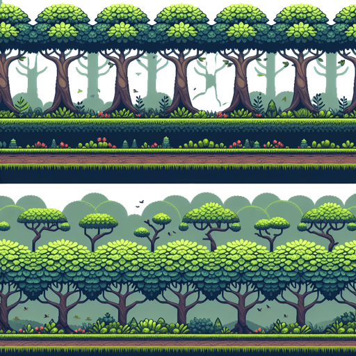A repeating background tree layer for an endless runner.
Single Game Texture. In-Game asset. 2d. Blank background. High contrast. No shadows.