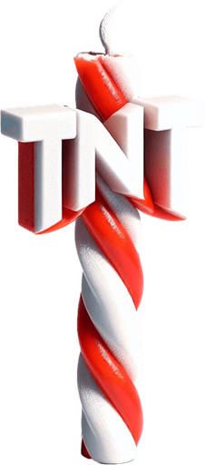 a photo-realistic white and red twisted candy stick slice in vertical position and with an extinguished wick. At its center, a simple white rectangular "TNT" sticker in the same direction as the stick Single Game Texture. In-Game asset. 2d. Blank background. High contrast. No shadows.