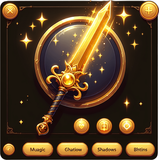 Golden glittery magic sword button..
Single Game Texture. In-Game asset. 2d. Blank background. High contrast. No shadows.