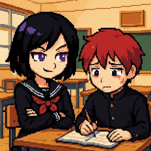 A cute anime-style girl in pixel art, with an emo aesthetic, striking purple eyes, and a classic Japanese school uniform (sailor fuku), is studying with furrowed brows and a confident smile. She sits next to a shy red-haired boy with red eyes, also in pixel art style. Their desks are pushed together, and on the boy’s desk lies an open notebook, which he nervously stares at while holding a graphite pencil. The girl looks at him with a mix of sternness and confidence, convinced he won’t pass the exam. The background depicts a typical Japanese classroom.