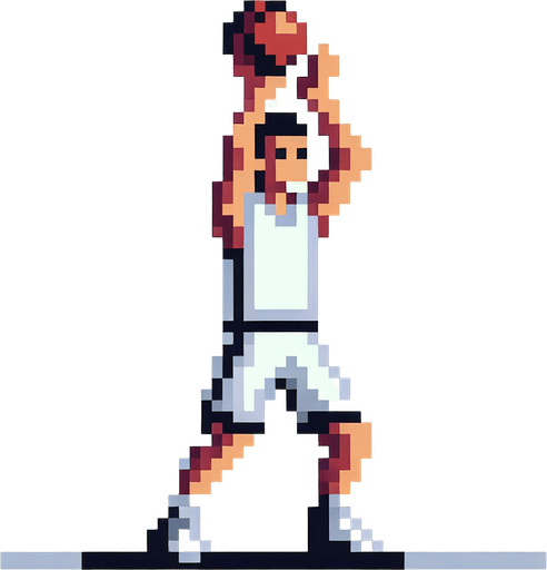 pixel art, an empty handed basketball player blocking with his empty hands over his head. full figure..
Blank background. High contrast. No shadows.