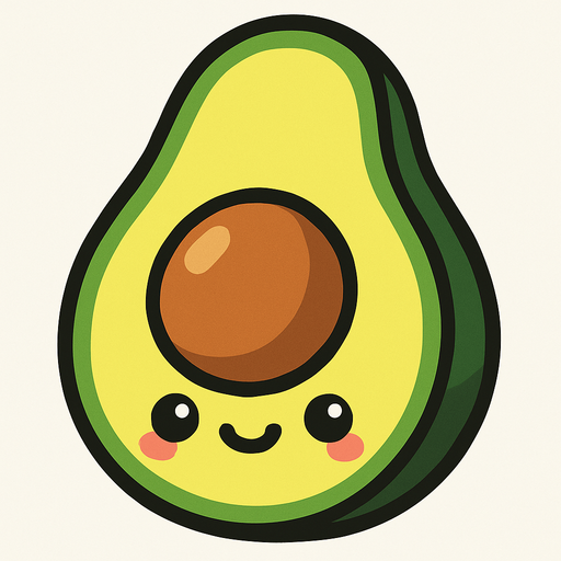 A cut in half avocado with cute face.
In-Game asset.  2d.  High contrast.  No shadows