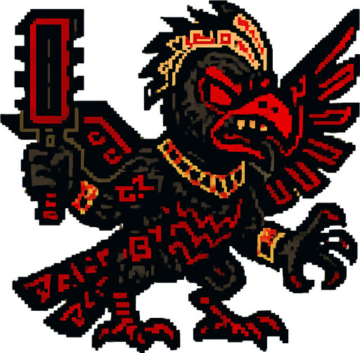 Genérame una Paujil guerrero azteca con eso patrones, estilo pixelar, con una apariencia maligna, ojos rojos, rabioso. Unidad aerea con alas. Animal.
In-Game asset.  2d.  High contrast.  No shadows