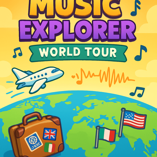 A vibrant, 2D digital illustration of a game title screen for a mobile game called "Music Explorer: World Tour". The background shows a colorful world map faded into the backdrop, with cartoon-style travel elements like a flying airplane, musical notes floating across the sky, sound waves, a suitcase with passport stickers, and flags of different countries . The top area is open and softly glowing for placing the title text. The bottom center has space for a large, fun "Start Journey" button. The style is clean, playful, and polished, perfect for kids and casual players..
In-Game asset.  2d.  High contrast.  No shadows
