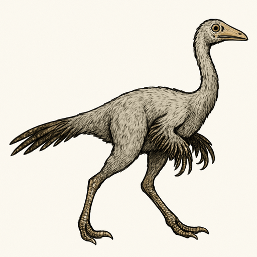 A slender Ornithomimus dinosaur covered with fine, light gray and brown feathers. It has longer, quill-like feathers on its arms and tail, and softer downy feathers on its body. The head is small and narrow with large, bright eyes and a beak-like mouth. Its long legs are built for speed, ending in sharp claws. The feathers have a natural texture, giving the dinosaur a bird-like, agile appearance..
In-Game asset.  2d.  High contrast.  No shadows
