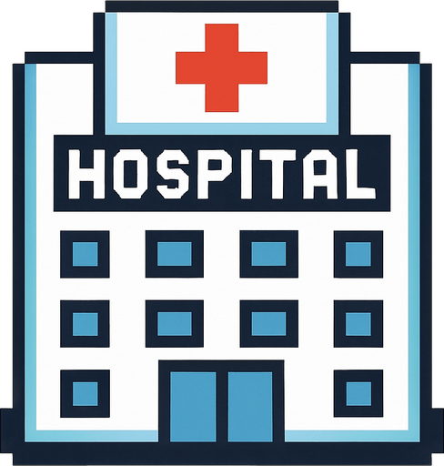 Hospital building 2d pixilated topdown.
In-Game asset.  2d.  High contrast.  No shadows