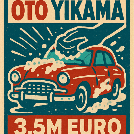 Oto yıkama ile alakalı bir görsel oluştur . Bu görselin altında 3.5M Euro yazsın. Retro temada bir görsel olsun ..
In-Game asset.  2d.  High contrast.  No shadows