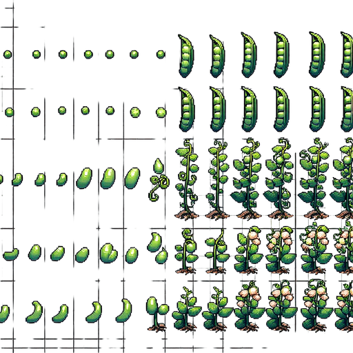 A spritesheet showing a pea plant in various stages of germantion, from pea over sapling and to full grown plant with ripe pea pods. The sprites should be laid out in a rectangular grid with blank space between them..
Single Game Texture. In-Game asset. 2d. Blank background. High contrast. No shadows.