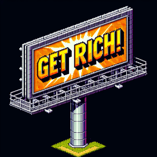 street ad billboard with 1 or 2 posts with "Get rich!" on it.
high definition video game sprite