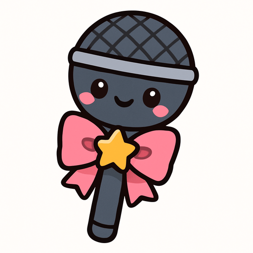 Micrófono chibi, con un lazo rosado y una estrella como moño en el mango del micrófono.
In-Game asset.  2d.  High contrast.  No shadows