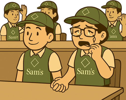 Haz que estos dos personajes esten en una junta con mas trabajadores con sus mismos uniformes, pero se vea que ellos estan tomados de las manos a escondidas, haz el pelo de lla mas corto