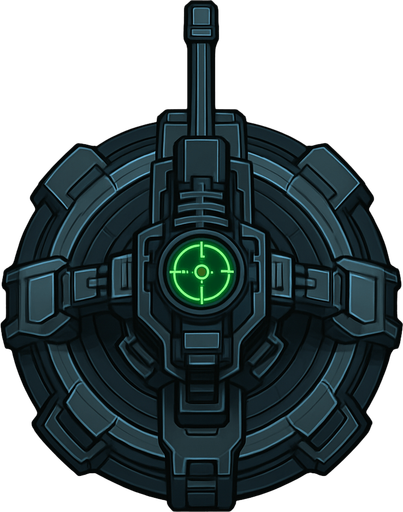 top-down view, futuristic sniper defense tower, mechanical turret base, integrated long-range scope with green targeting reticle, high-tech cyberpunk machine parts, sleek tower design, circular top down, symmetrical.
In-Game asset.  2d.  High contrast.  No shadows