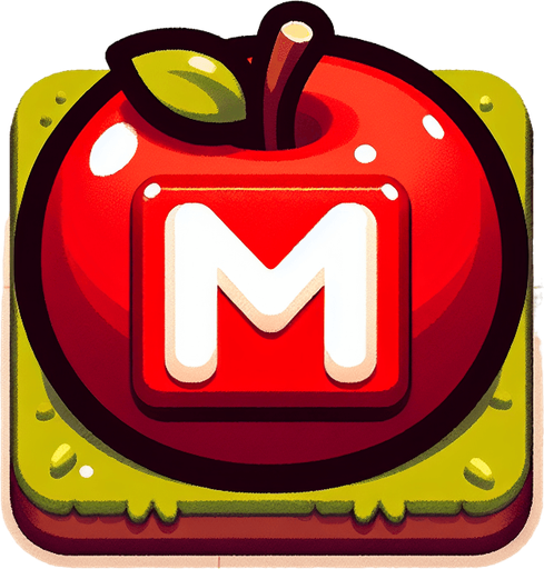 a white sign with a small "m" on a red apple..
Single Game Texture. In-Game asset. 2d. Blank background. High contrast. No shadows.