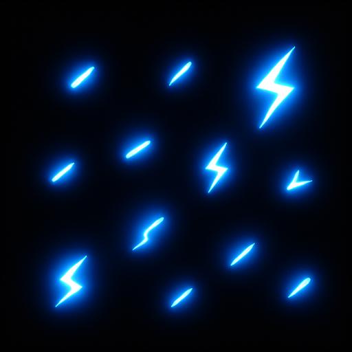 Tiny, electric-like sparks

```
- Shape: Small line/dash or tiny lightning bolt
- Color: Bright cyan (#00FFFF) or electric blue (#0088FF)
- Intensity: Very bright, almost overexposed look.
In-Game asset.  2d.  High contrast.  No shadows