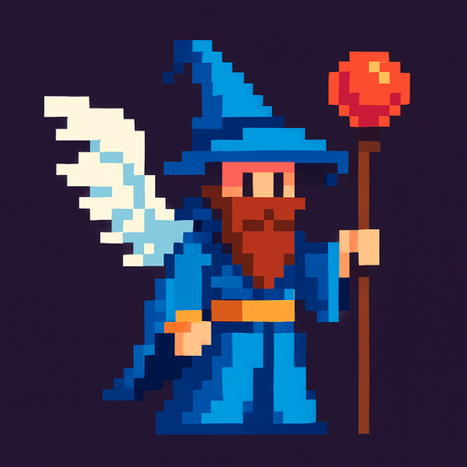 kanatlı piksel büyücü.
In-Game asset.  2d.  High contrast.  No shadows