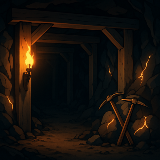 An underground medieval mine with flickering torchlight, wooden supports, glowing ore veins, pickaxes leaning on rocks, deep shadows and echoing silence, realistic.
In-Game asset.  2d.  High contrast.  No shadows