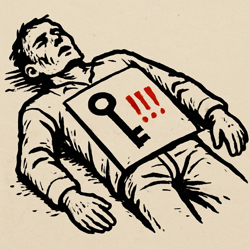 a drawing pic by pen about a dead body have paper on his stomach have key painting and "!!!" beside it, red color of "!!!".
In-Game asset.  2d.  High contrast.  No shadows